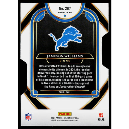 Jameson Williams 2024 Panini Select Silver Prizm Die Cut #267 Detroit Lions