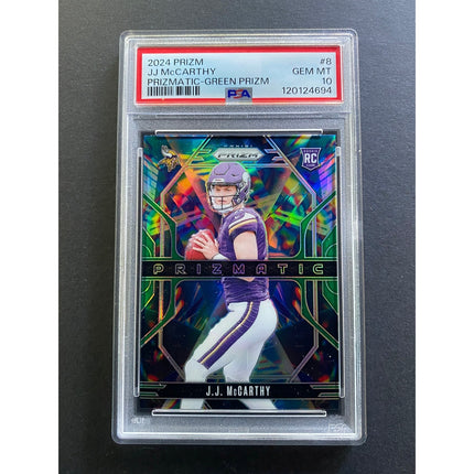 JJ McCarthy 2024 Prizm 8 Vikings Prizamtic Green Prizm PSA 10