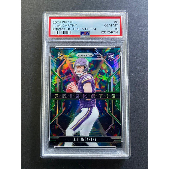JJ McCarthy 2024 Prizm 8 Vikings Prizamtic Green Prizm PSA 10