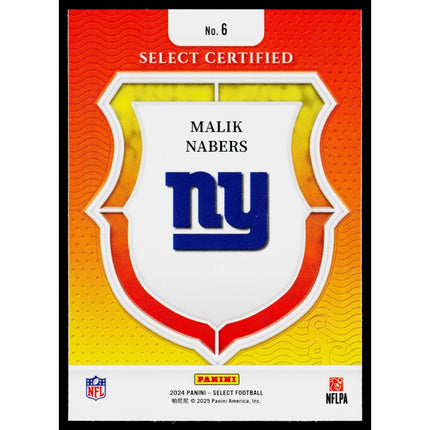 Malik Nabers 2024 Panini Select Select Certified Rookies #6 New York Giants