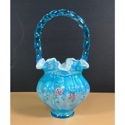 Fenton Signed Bill Fenton Hand Painted Blue Ruffle Glass Vase Basket Label