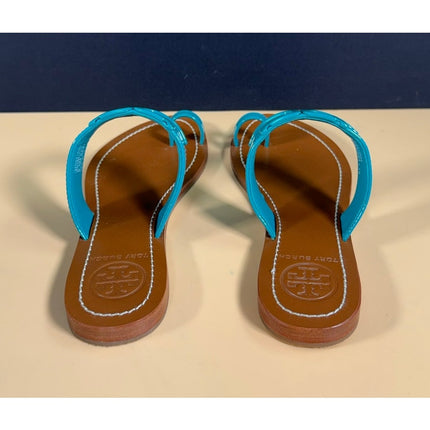 Tory Burch Reef Turquoise Brown Leather Toe Ring Flat Slide Sandals W6.5 NIB