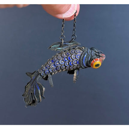 Cloisonne Koi Fish Pendant Sterling Silver 3.5" Vintage Jewelry Collectible