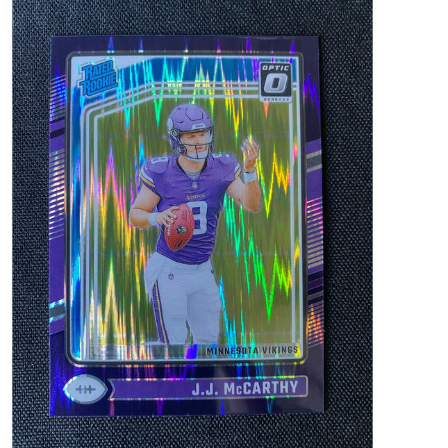 2024 Donruss Optic J.J. McCarthy RC #235 Rated Rookie Shock Parallel Vikings