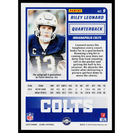Riley Leonard 2025 Score Base Rookie Signatures #9 RC,AU Indianapolis Colts
