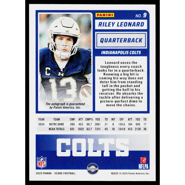 Riley Leonard 2025 Score Base Rookie Signatures #9 RC,AU Indianapolis Colts