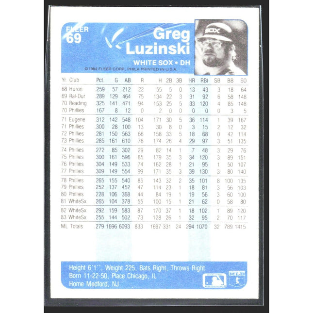 Greg Luzinski 1984 Fleer #69 Chicago White Sox