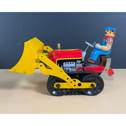 Wind-Up Tin Litho Bulldozer Tractor Front Loader with Key China OB 8"