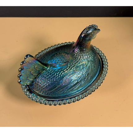 Indiana Glass Iridescent Blue Carnival Hen on Nest Covered Dish 7" Vintage