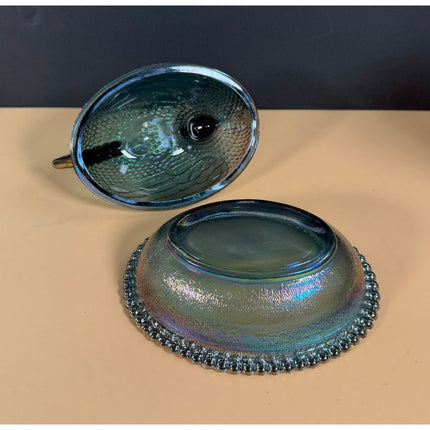 Indiana Glass Iridescent Blue Carnival Hen on Nest Covered Dish 7" Vintage