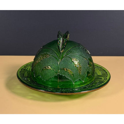 US Glass Green Gold Covered Butter Dish Vintage Pressed Glass