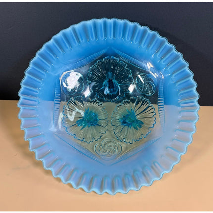 Antique Blue Opalescent Pretzel Footed Bowl Ruffled Rings Art Glass 9"