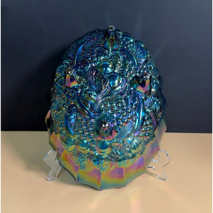 Indiana Glass Harvest Grape Carnival Glass Iridescent Footed Bowl 12" Vintage