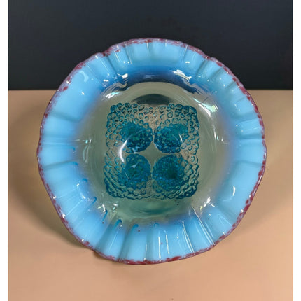 Antique Jefferson Blue Opalescent Footed Bowl Ruffled Cranberry Rim 7"
