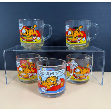 Garfield Glass Coffee Mugs Set of 5 Vintage Cartoon Drinkware 3.5"