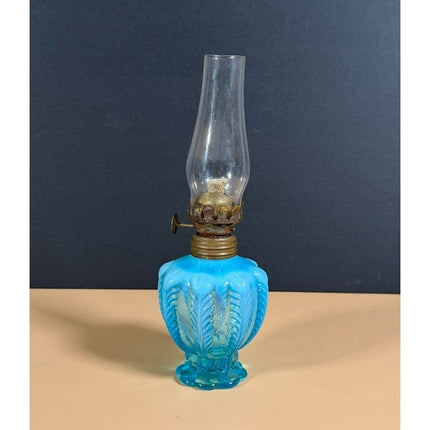 Vintage Blue Opalescent Ribbed Glass Oil Lamp 7 1/4" Tall with Chimney
