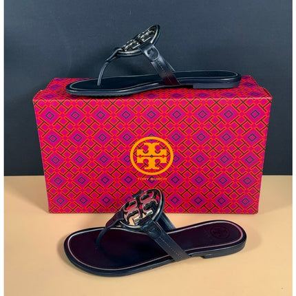 Tory Burch Miller Metal Logo Thong Sandals Navy Silver #47617 Women's 6.5 NIB