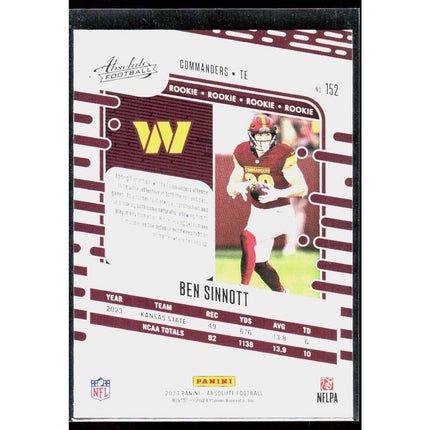 Ben Sinnott 2024 Panini Absolute Retail #152 RC Washington Commanders