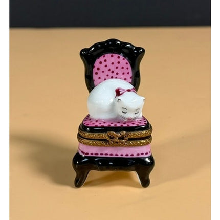 Limoges France Porcelain Cat Napping on Chair Figurine Hand Painted Trinket Box