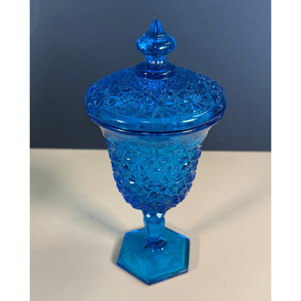 L.E. Smith Blue Daisy & Button Pedestal Candy Dish 8.5" Vintage Glass