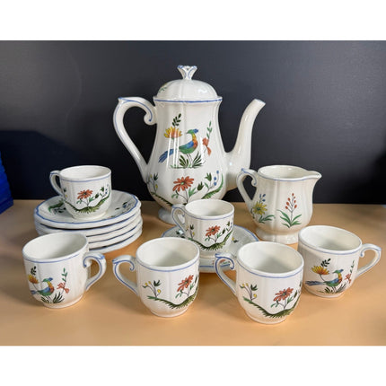 Gien France Oiseaux De Paradis Tea Set 14 Pc Teapot, Creamer, 6 Cups & Saucers