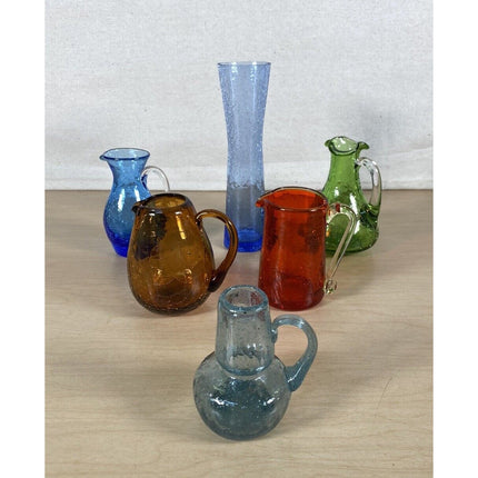 Vintage 1970s Handblown Crackle Glass 3-7" Vases Pitchers Set of 6