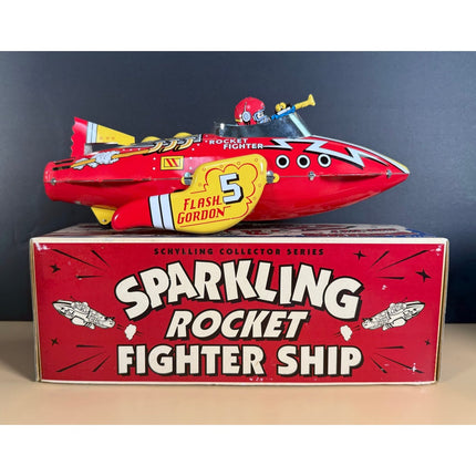 Flash Gordon Schylling Sparkling Rocket Fighter Ship Tin Toy 12" with Box