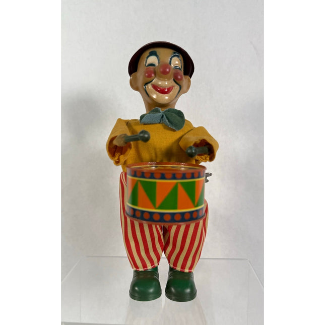 Vintage Windup Rare Litho Tin Toy Joker Cloth Outfit Playing Drum – Working