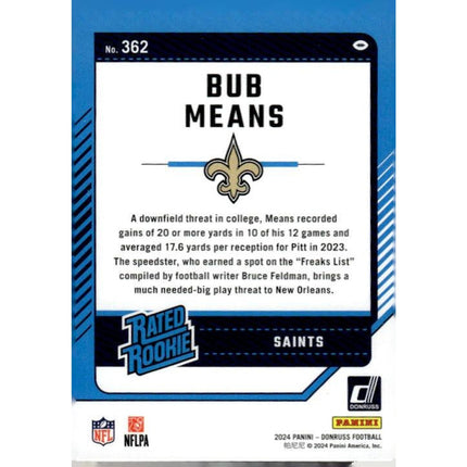 Bub Means 2024 Donruss #362 RC New Orleans Saints