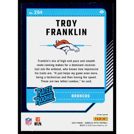 Troy Franklin 2024 Donruss Optic #294 RC Denver Broncos