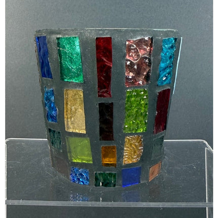 VTG MCM Stained Glass Mosaic Art Vase Candle Holder Geometric Color Block Design