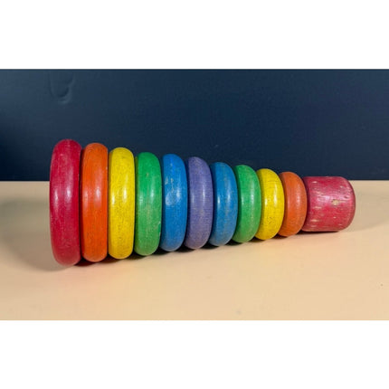 Vintage Playskool Wooden Rainbow Ring Stacking Tower Toy with 11 Pieces