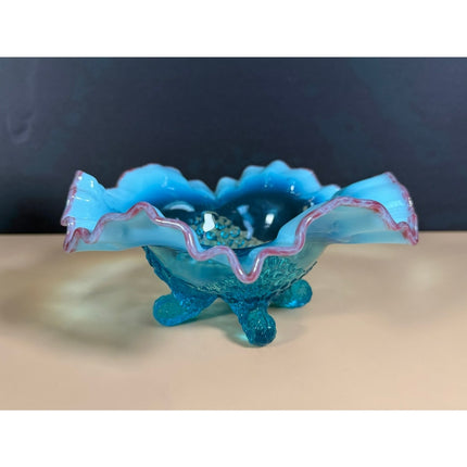 Antique Jefferson Blue Opalescent Footed Bowl Ruffled Cranberry Rim 7"