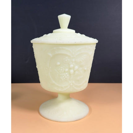 Fenton Green Custard Uranium Glass Pedestal Candy Dish with Lid 9" Vintage