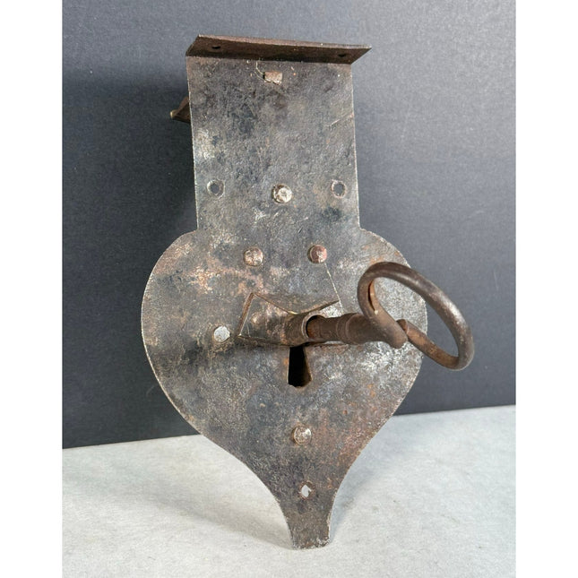 Moravian Hammered Metal Lock with Key Wrought Iron Chest Grab Lock