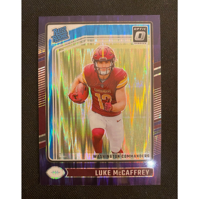 Luke McCaffrey 2024 Donruss Optic #268 RC Rated Rookie Purple Shock Commanders