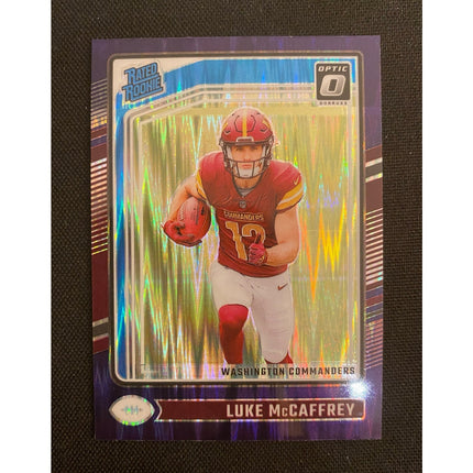 Luke McCaffrey 2024 Donruss Optic #268 RC Rated Rookie Purple Shock Commanders