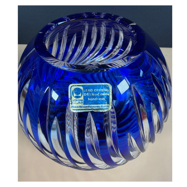 Lausitzer Glas Blue Hand-Cut Art Glass Vase East Germany w/ Label Vintage