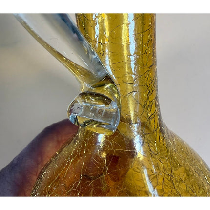 Yellow Crackle Glass Decanter with Stopper 9.5" Decorative Glass Bottle
