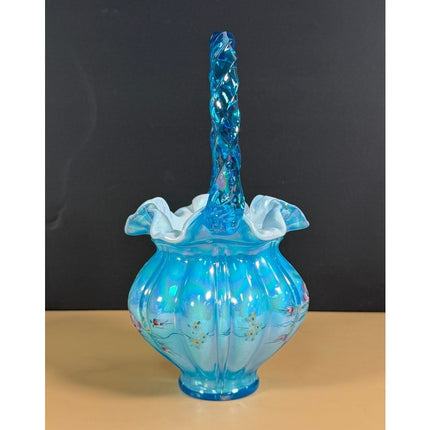 Fenton Signed Bill Fenton Hand Painted Blue Ruffle Glass Vase Basket Label