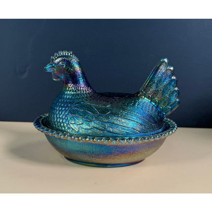 Indiana Glass Iridescent Blue Carnival Hen on Nest Covered Dish 7" Vintage