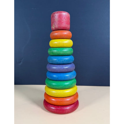 Vintage Playskool Wooden Rainbow Ring Stacking Tower Toy with 11 Pieces