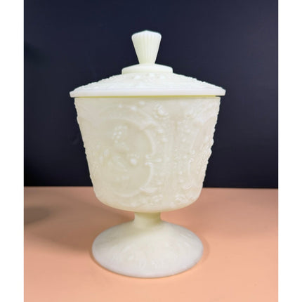 Fenton Green Custard Uranium Glass Pedestal Candy Dish with Lid 9" Vintage