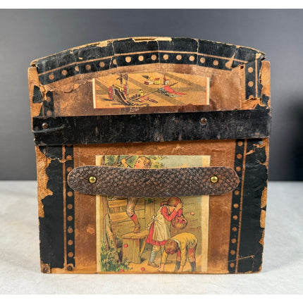 Child’s Humpback Trunk w/ Victorian Scenes – Early 1900s Antique Chest
