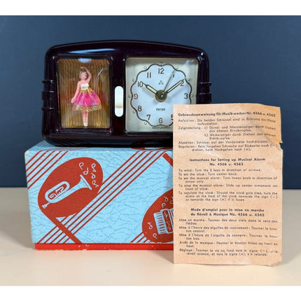 Vintage Peter Bakelite Ballerina Alarm Clock Germany Working OB Instructions