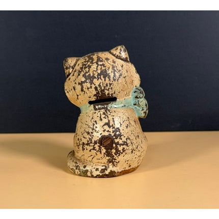 Vintage Hubley Cat with Blue Bow Cast Iron Bank Antique Toy Collectible