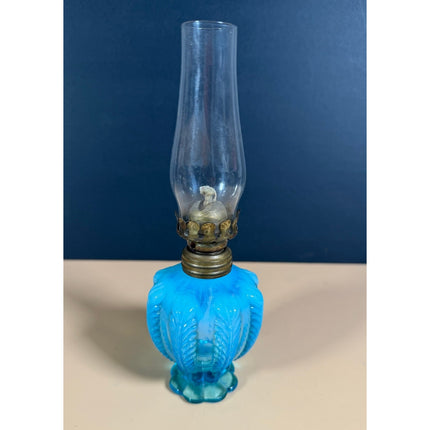 Vintage Blue Opalescent Ribbed Glass Oil Lamp 7 1/4" Tall with Chimney