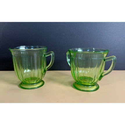 Federal Green Uranium Depression Glass Creamer & Sugar Set