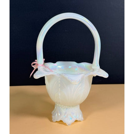 Fenton Opalescent Flowered Basket 6.5" White Vintage Art Glass