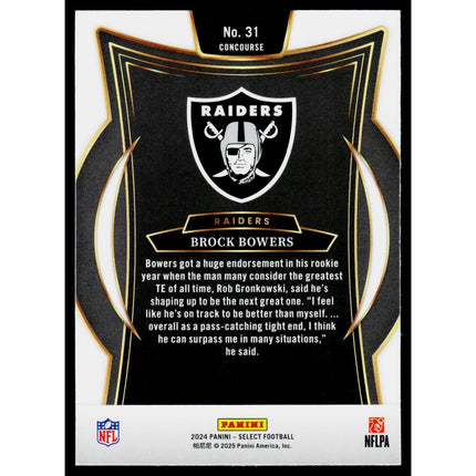 Brock Bowers 2024 Panini Select #31 RC Las Vegas Raiders